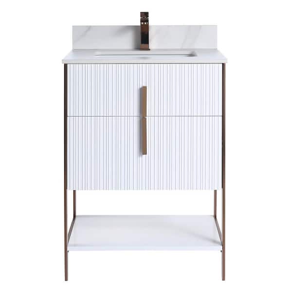 FINE FIXTURES 24 in. W x 18 in. D x 33.5 in. H Bath Vanity in White with White Carrara Sintered Stone Top with Rose Gold Hardware