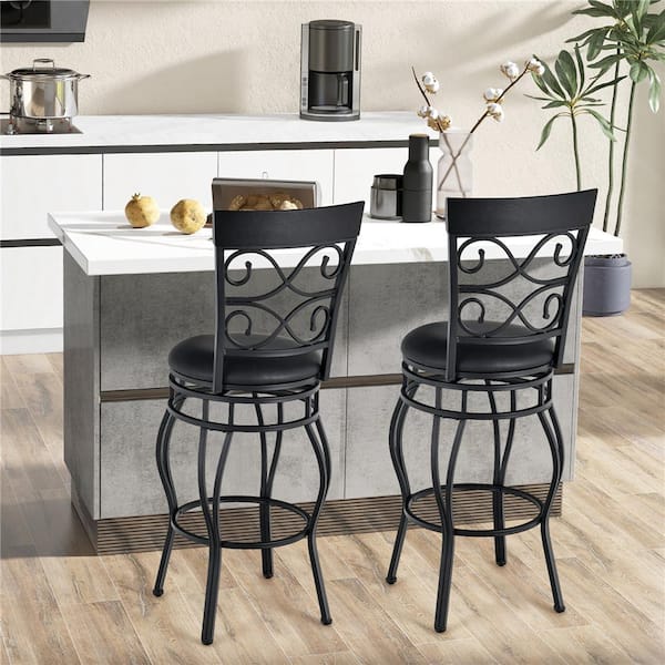 Vintage Swivel Bar Stools 30 in. Bistro Upholstered Dining Chairs Black (Set of 2)