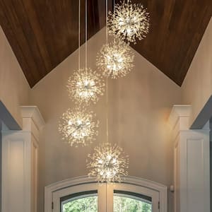Calzada Decor 40-Light Chrome Dandelion Firework Chandelier, 5-Globe Pendant Ceiling Lighting