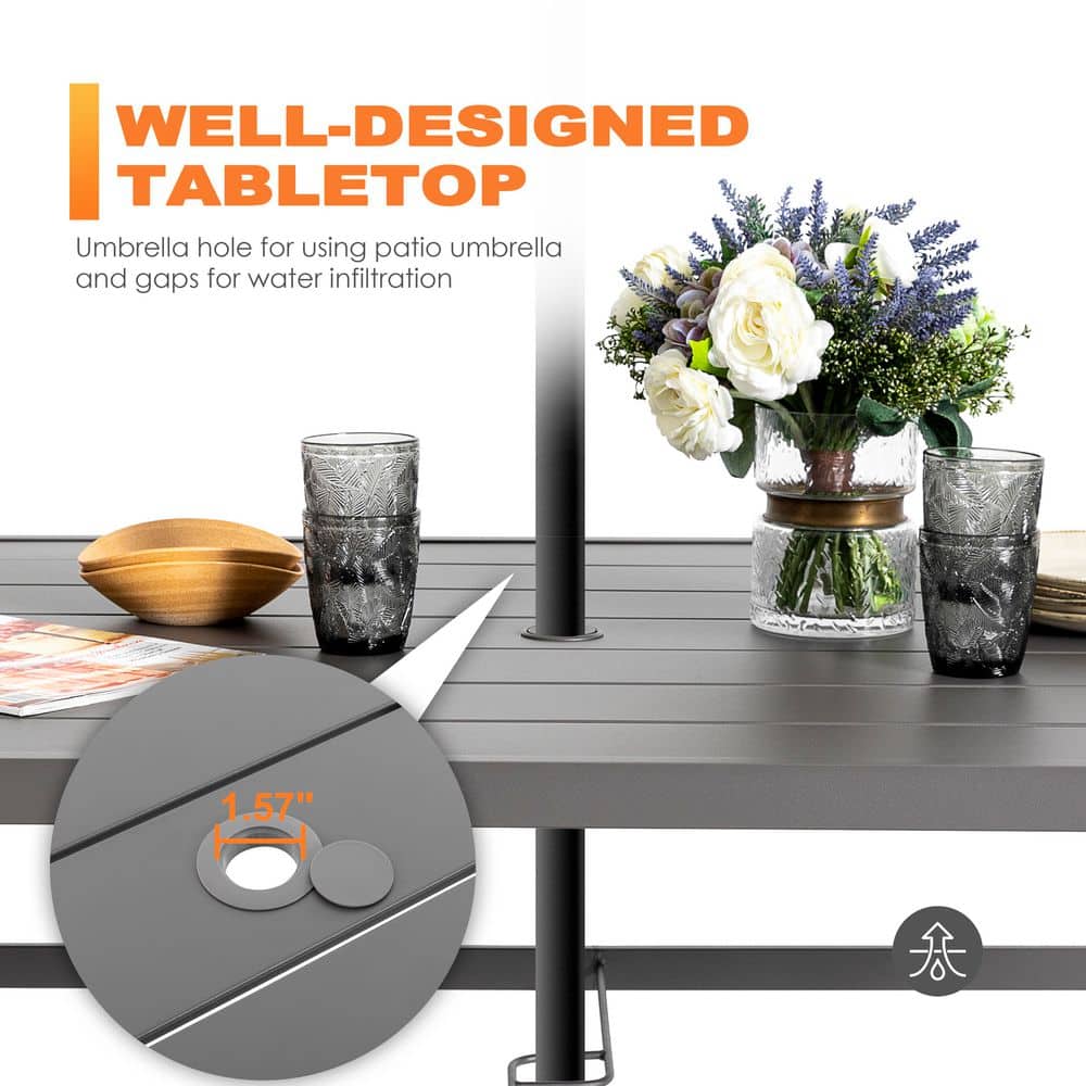 Nuu Garden 61'' Grey Iron Rectangular Patio Dining Table with Umbrella Hole