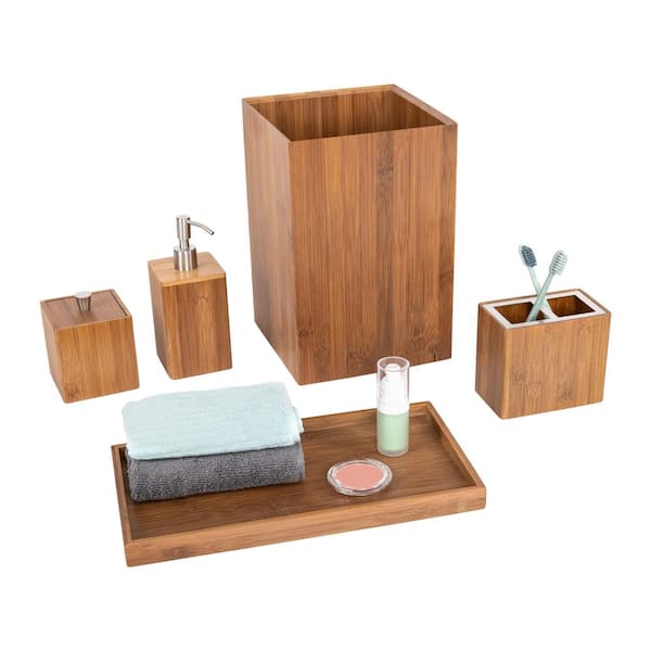 Seville Classics 5-Piece Bathroom Accessory Set with Wastebasket, Pump Dispenser, Toothbrush, Cotton Swab, and Towel Holder in Bamboo