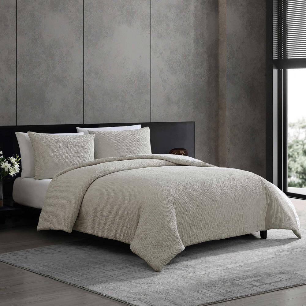 Queen Grey Cotton Puckered Texture Duvet Cover Set