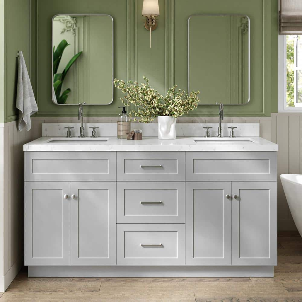 Hamlet 66.25 in. W x 22 in. D x 36 in. H Double Sink Freestanding Bath Vanity in Grey with Carrara White Quartz Top -  ARIEL, F066DCQRVOGRY