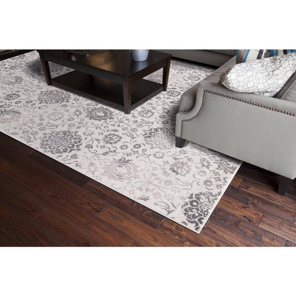 Ivory and Gray Damask Pattern Medium Pile Area Rug