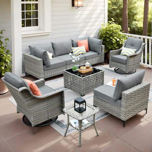 XIZZI Apollo 8-Piece Wicker Patio Conversation Seating Sofa Set with Dark Gray Cushions and Swivel Rocking Chairs