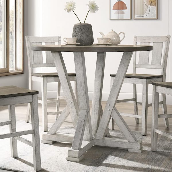 Rhysdee 48 in. Round Antique White and Ash Brown Wood Counter Height Dining Table (Seat 4)