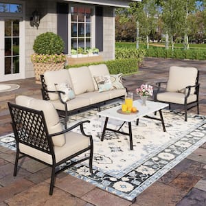 Black 5 Seat 4-Piece Metal Steel Outdoor Patio Conversation Set with Beige Cushions and Table with Marble Pattern Top