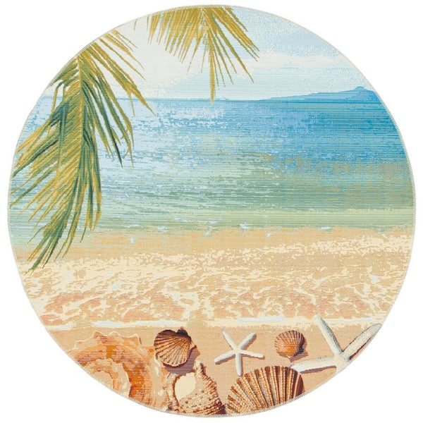 SAFAVIEH Barbados Gold/Blue 7 ft. x 7 ft. Novelty Nautical Indoor/Outdoor Patio  Round Area Rug