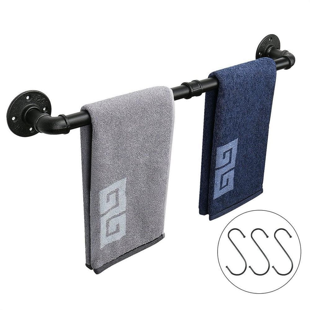 Black Iron Industrial Wall-Mounted Towel Bar, 24 Inch