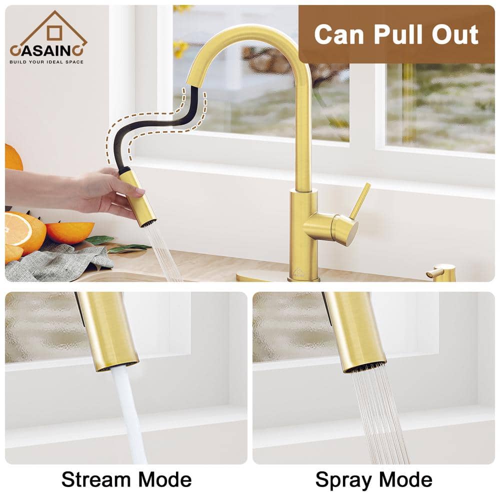 Brushed Gold Stainless Steel Pull-Down Kitchen Faucet with Infrared Sensor
