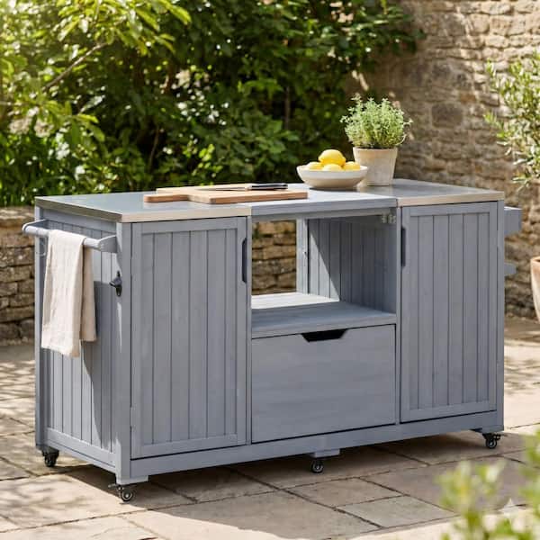 Gray Wood 66 in. Kitchen Island with Stainless Steel Top, Adjustable Shelves and Storage Racks for Grills and Outdoors