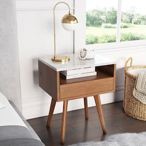 James Brown Walnut Wood White Faux Marble Top Rectangular Storage Accent Sofa Side Table End Table