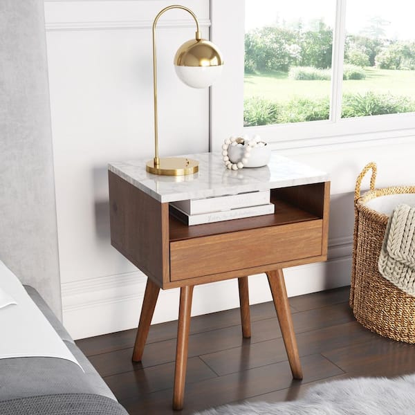 Nathan James James Brown Walnut Wood White Faux Marble Top Rectangular Storage Accent Sofa Side Table End Table