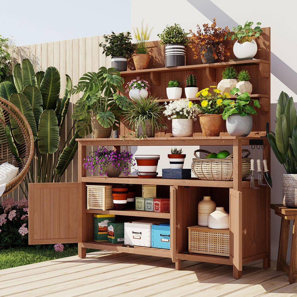 65 in. Rustic White Fir Wood Patio Outdoor Garden Potting Bench Table Workstation with 2-Drawer and Storage Cabinet price history on PriceWatchPro