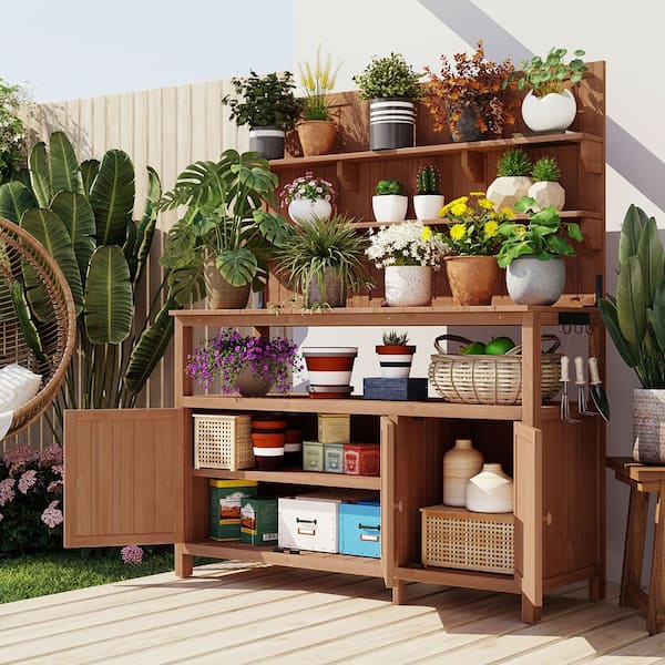 Runesay 65 in. Rustic White Fir Wood Patio Outdoor Garden Potting Bench Table Workstation with 2-Drawer and Storage Cabinet