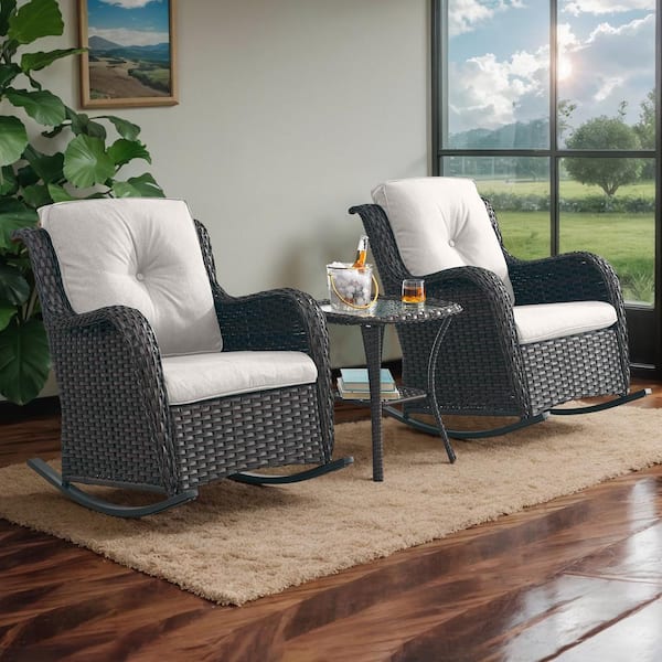 Pocassy Outdoor Brown Wicker Outdoor Rocking Chair with CushionGuard Beige Cushions Patio (Set 2-Pack)