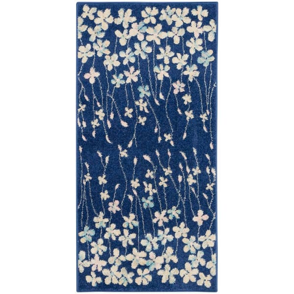 Nourison Tranquil Navy Blue doormat 2 ft. x 4 ft. Floral Modern Kitchen Area Rug