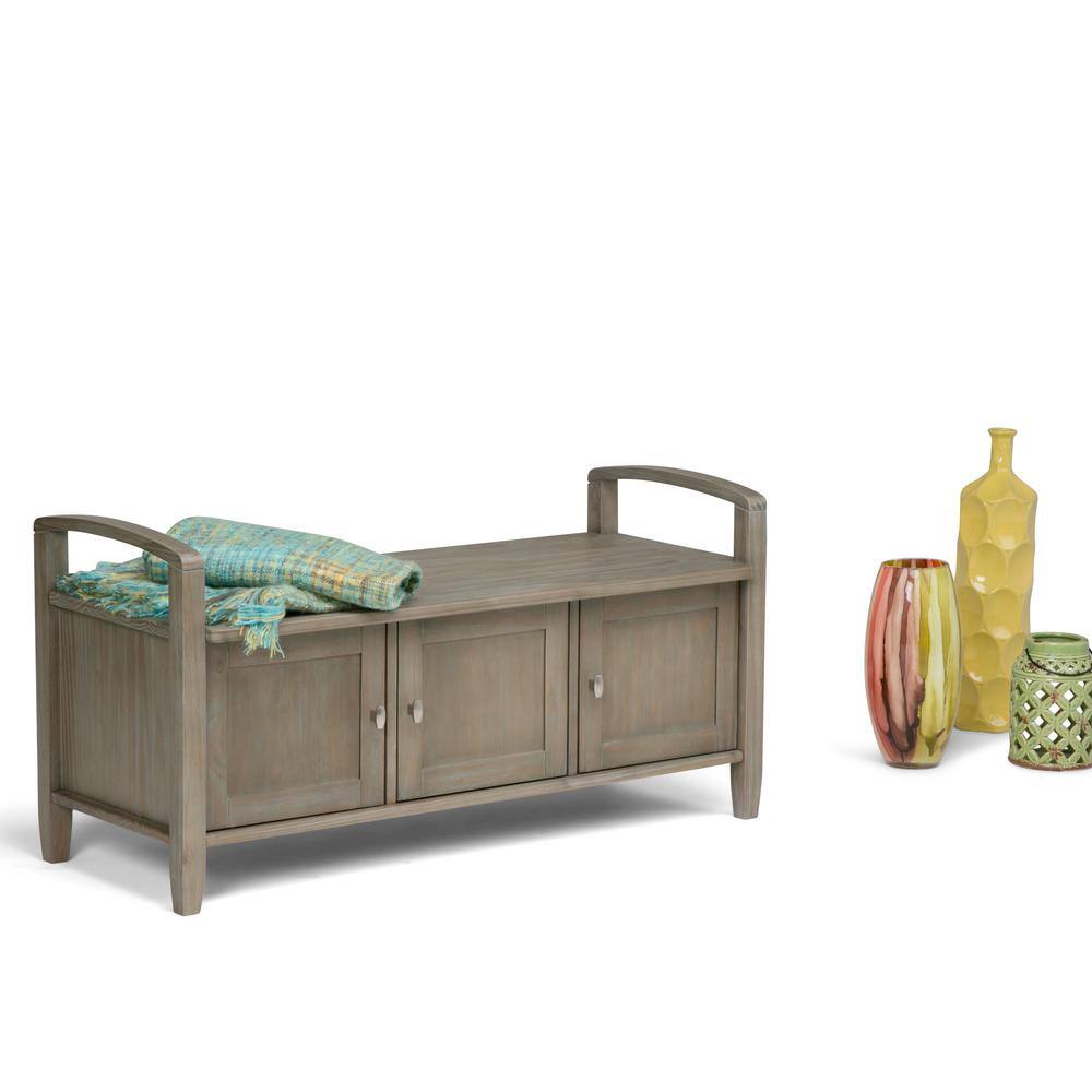 Rustic Distressed Gray 44" Solid Hardwood Storage Bench with Armrests