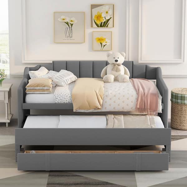 Angel Sar Gray Twin Size Upholstered Daybed with Trundle and Three Drawers