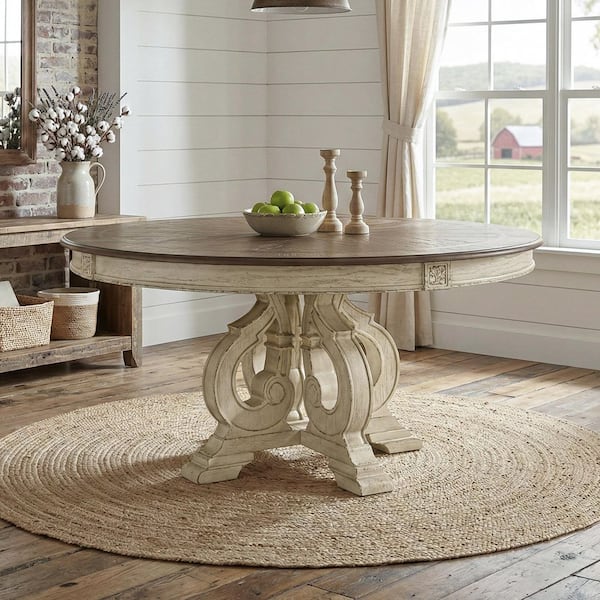 Willadeene 60 in. Antique White Wood Round Pedestal Dining Table Seats Seats 6