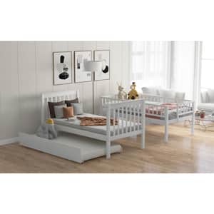 White Trundle Twin Over Twin Bunk Bed Solid Wood Bunk Beds with Safety Rails and Storage Shelf