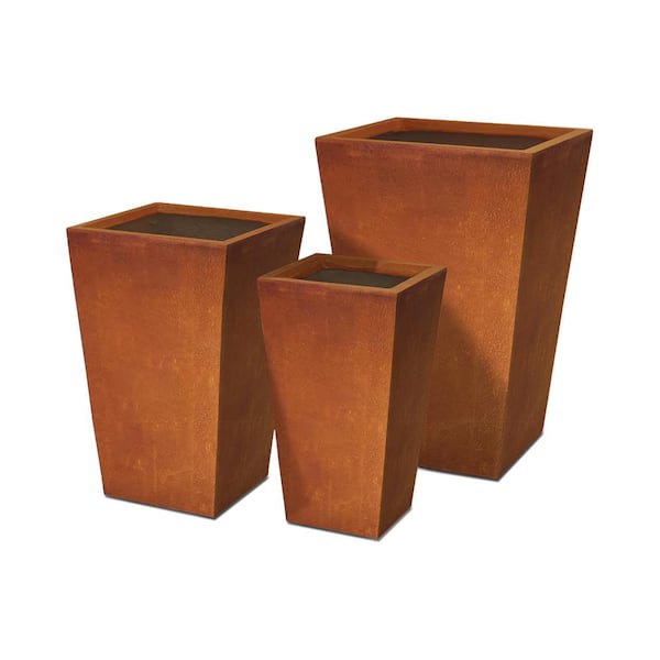 KANTE 24.4", 18" &15.7 in.H Faux Weathering Steel Finish Concrete Tall Planters Set of 3, Large Outdoor Indoor w/Drainage Hole