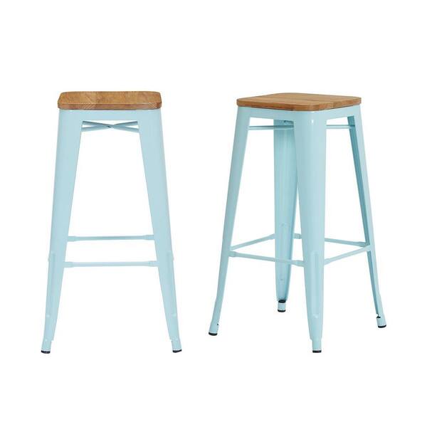 StyleWell Finwick Seafoam Blue Metal Backless Bar Stool with Wood Seats (Set of 2) (16.93 in. W x 29.53 in. H)