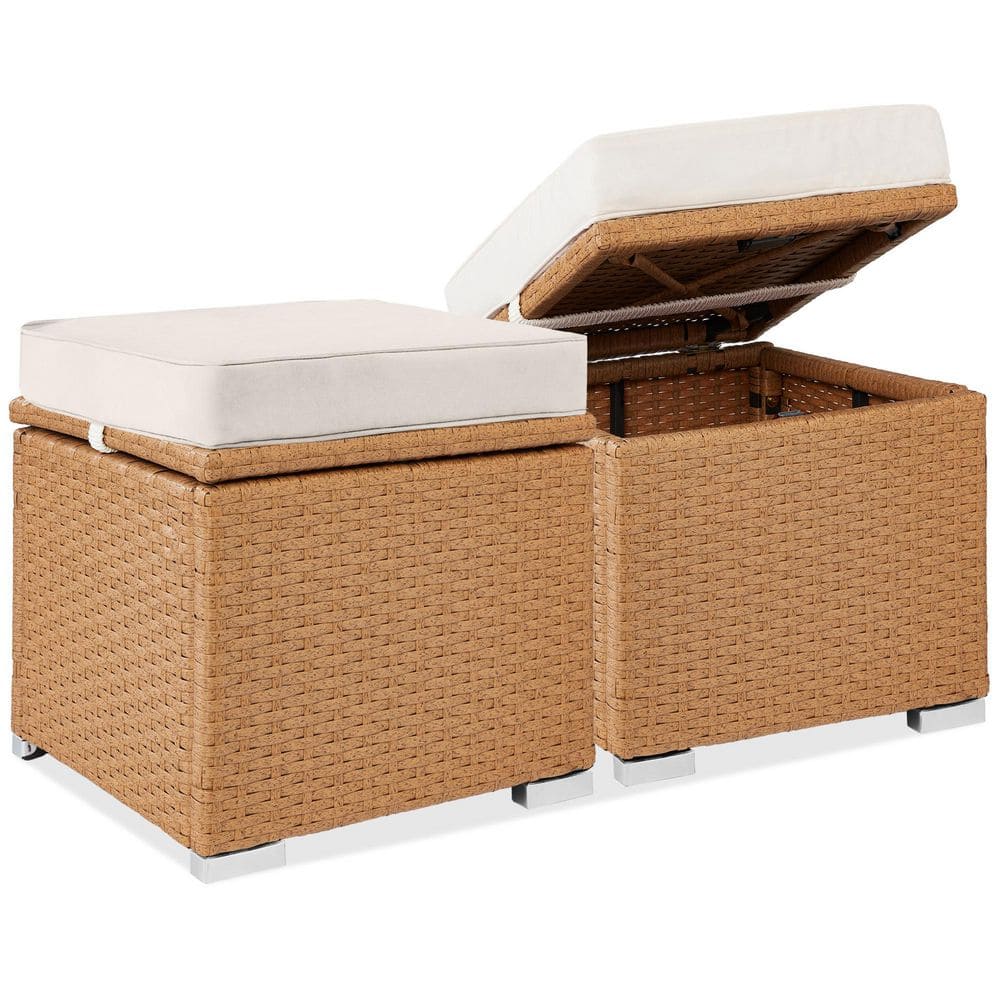 Natural Wicker Outdoor Ottoman, Multipurpose Outdoor Patio Furniture with Removable Ivory Cushions (2-Pack)