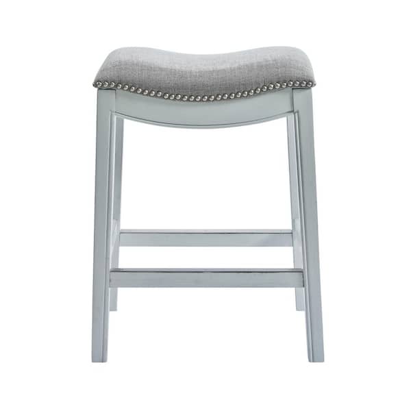 NewRidge Home Goods Zoey 26 in. Whitewashed Backless Swivel Wood Counter Stool with Gray Upholstered Seat, 1-Stool