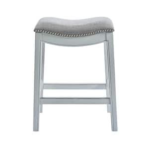 Zoey 26 in. Whitewashed Backless Swivel Wood Counter Stool with Gray Upholstered Seat, 1-Stool