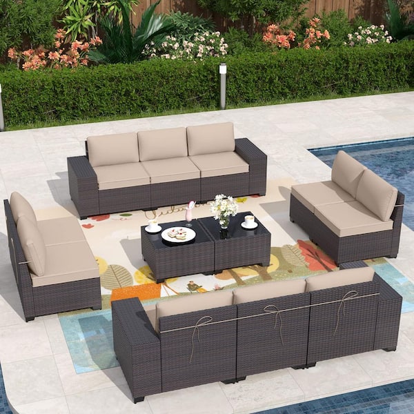 Halmuz 12-Piece Brown Wicker Outdoor Sectional Set with Glass Coffee Table and Sand Cushions, Patio Chat