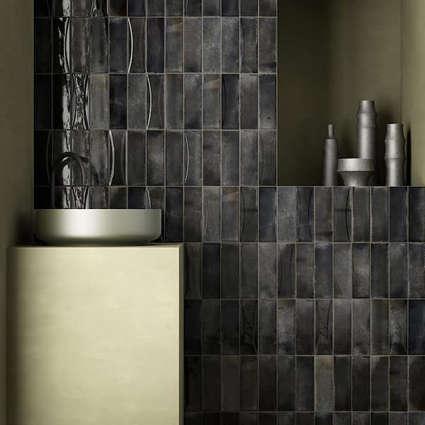 Apollo Tile Antiek Black 3-in x 8-in Glossy Ceramic Brick Patterned Floor and Wall Tile (5.38-sq. ft/ Carton)