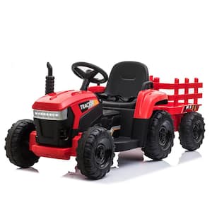 12-Volt Kids Ride On Tractor Electric Car Truck with Trailer/LED Lights/USB and Bluetooth, Red