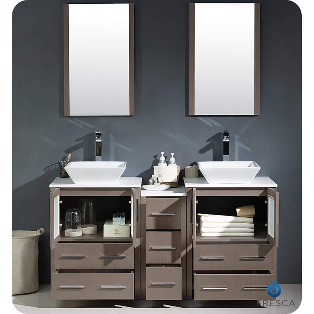 Gray Oak 60" Double Vessel Sink Freestanding Vanity with Ceramic Top