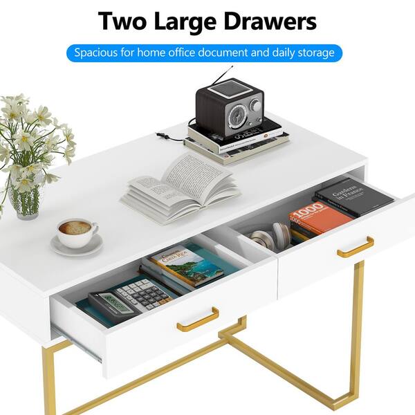 TRIBESIGNS WAY TO ORIGIN Halseey 63 in. Rectangular White Wood Computer Desk  with Gold Metal Legs, Modern Study Writing Table Conference Table  HD-YS0035-HYF - The Home Depot