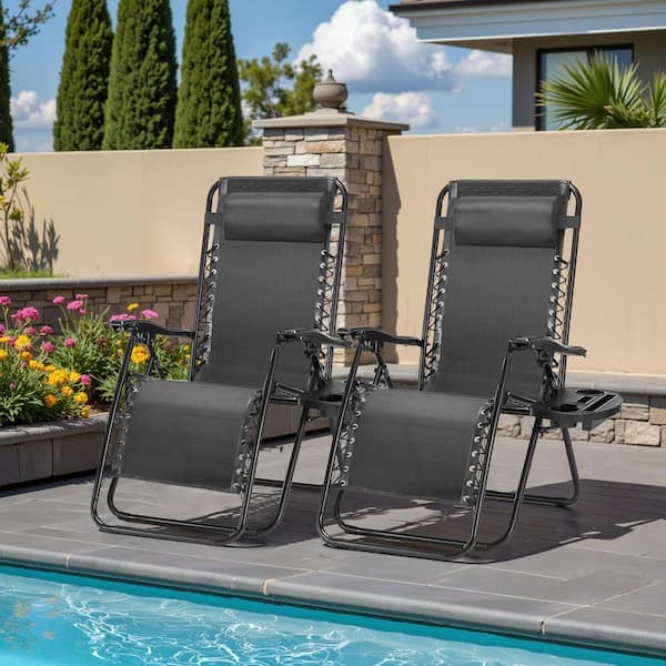 Yangming Outdoor Lounge Chair in Black Set of 2, Zero Cravity Folding Mesh Recliners with Pillow and Cup Holder for Pool Beach