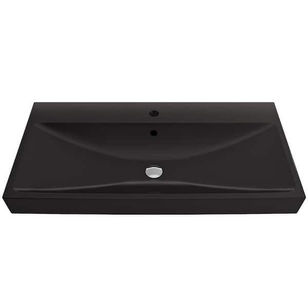 BOCCHI Scala Arch 39.75 in. 1-Hole Matte Black Fireclay Rectangular Wall-Mounted Bathroom Sink