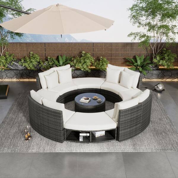 JimsMaison 9-Piece Wicker Patio Conversation Set with Beige Cushions