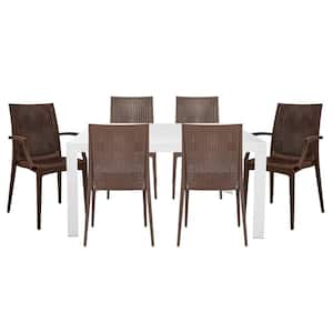 Mace 7-Pcs Patio Dining Set with Plastic Dining Side Chairs and Arm Chairs and Rectangular Dining Table (White/Brown)