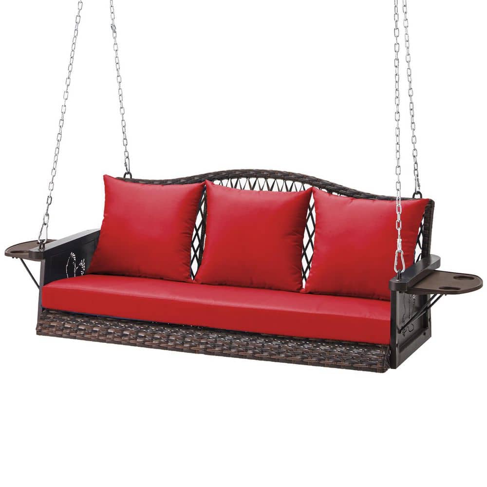 3-Seater Brown Wicker Outdoor Garden Porch Swing with Red Cushion