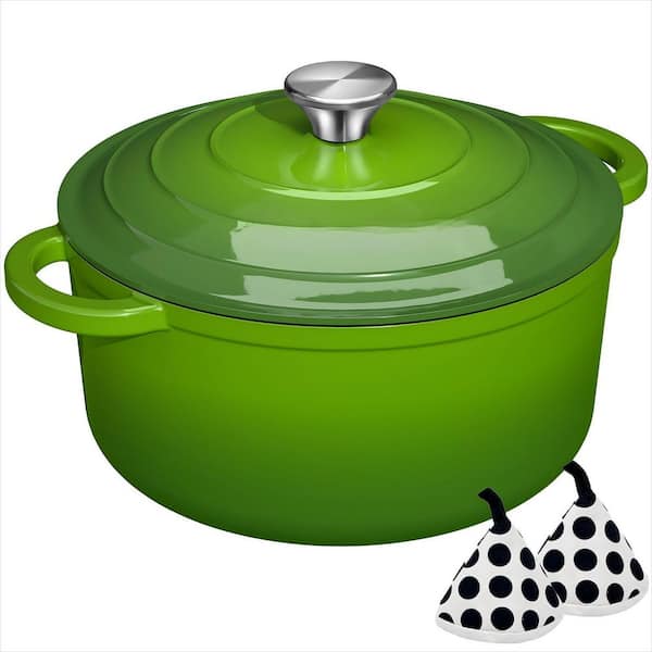 5 qt. Enameled Cast Iron Dutch Oven with Lid and Cotton Potholders, Heavy-Duty Cookware for Baking, Braising, Green