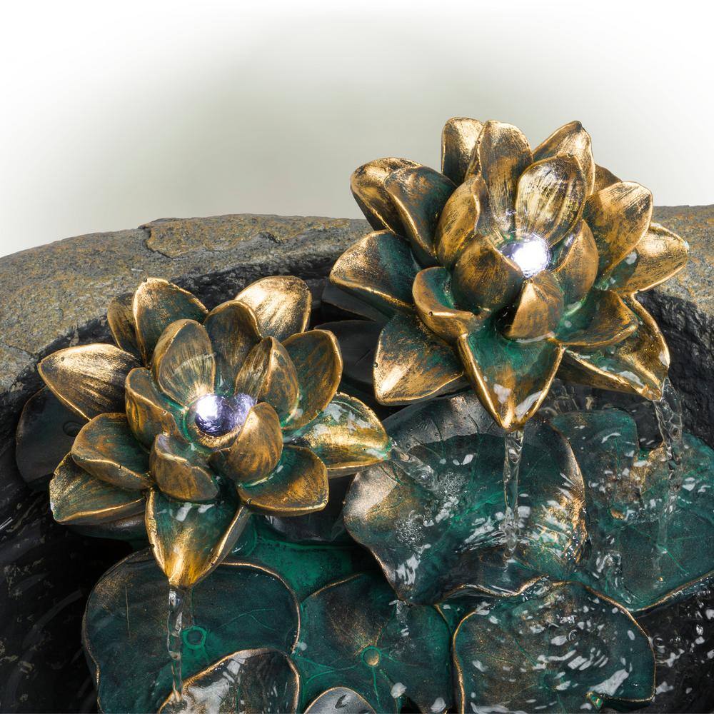 Solar Powered Brown Polyresin Lotus Rock Fountain with LED Lights
