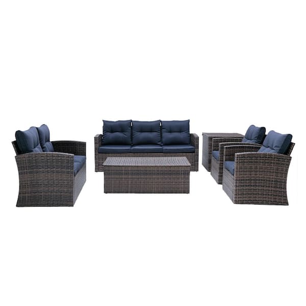 Unbranded Serga 6-Pieces Wicker Patio Furniture Set Outdoor Conversation Set with Navy Blue Cushions