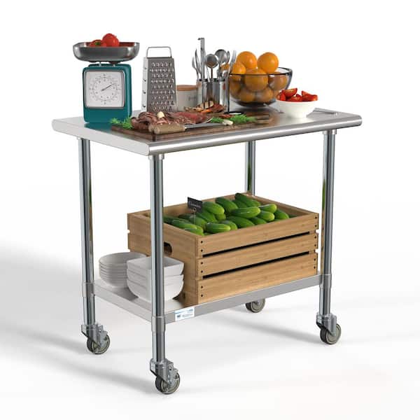 Koolmore 24 in. x 36 in. Stainless Steel Kitchen Utility Table with Casters