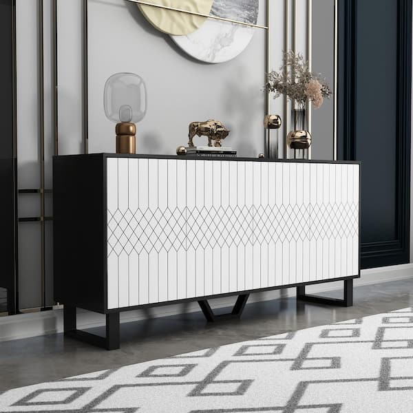 White Modern Wood Accent Storage Cabinet Credenza With Pop-up Doors and Adjustable Shelves, for Living Room Office