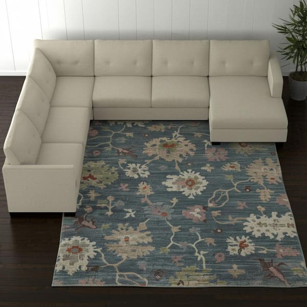10 ft. x 13 ft. Blue Ivory And Pink Abstract Distressed Area Rug