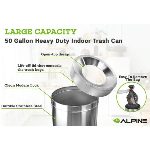 50 Gal. Stainless Steel Round Vented Commercial Garbage Trash Can with Open Top Lid