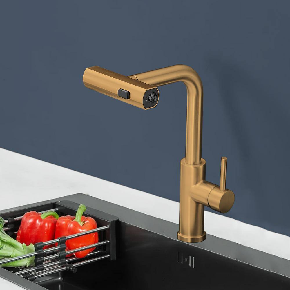 Brushed Gold Stainless Steel Single Handle Pull Out Kitchen Faucet