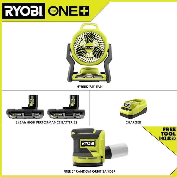 ONE+ 18V Cordless Hybrid 7.5 in. Fan Kit w/ (2) 2Ah Batteries, Charger, w/ FREE ONE+ 18V Cordless Random Orbit Sander