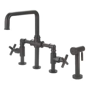Highland Double Handle Bridge Kitchen Faucet with Side Spray in Matte Black